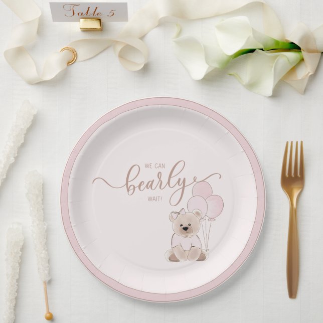 We Can Bearly Wait Teddy Bear Pink Baby Shower Paper Plates (Wedding)