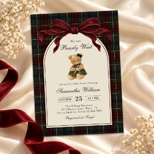 We Can Bearly Wait Teddy Bear Plaid Baby Shower  Invitation