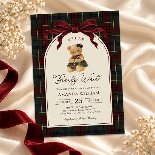 We Can Bearly Wait Teddy Bear Plaid Baby Shower Invitation
