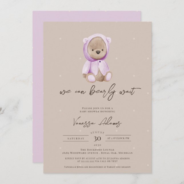We Can Bearly Wait Teddy Bear Purple Baby Shower Invitation (Front/Back)