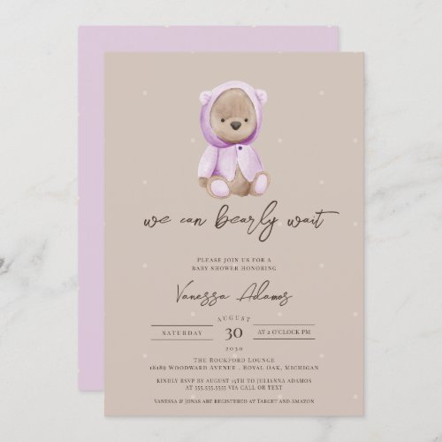 We Can Bearly Wait Teddy Bear Purple Baby Shower Invitation