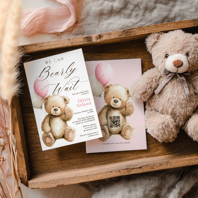 We Can Bearly Wait Teddy Bear QR Girl Baby Shower Invitation | Zazzle