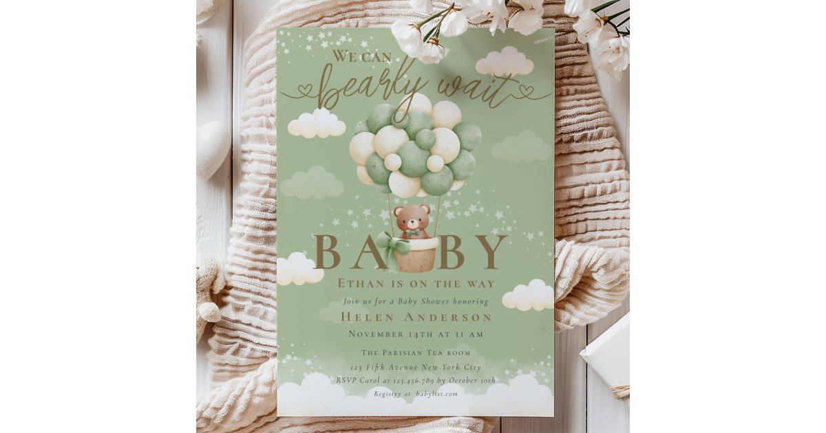 We can Bearly Wait Teddy Bear Sage Baby Shower Invitation | Zazzle