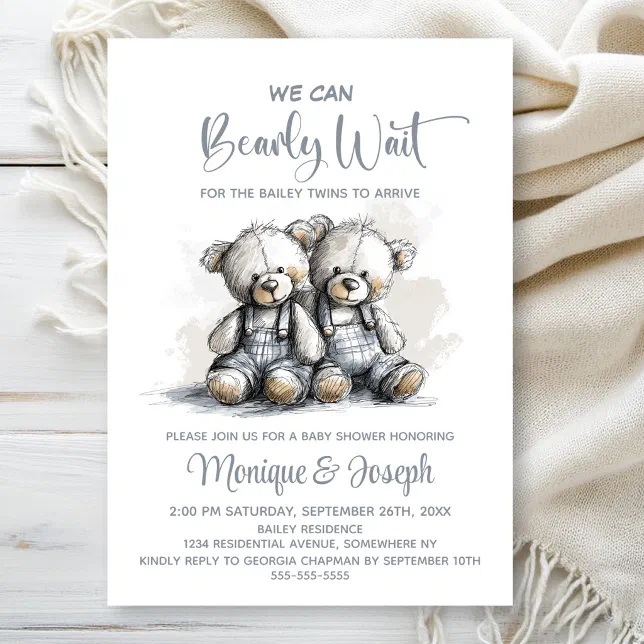 We Can Bearly Wait Teddy Bear Twins Baby Shower Invitation | Zazzle