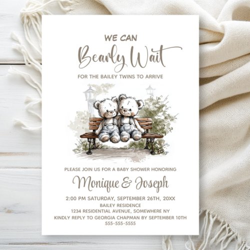 We Can Bearly Wait Teddy Bear Twins Baby Shower Invitation