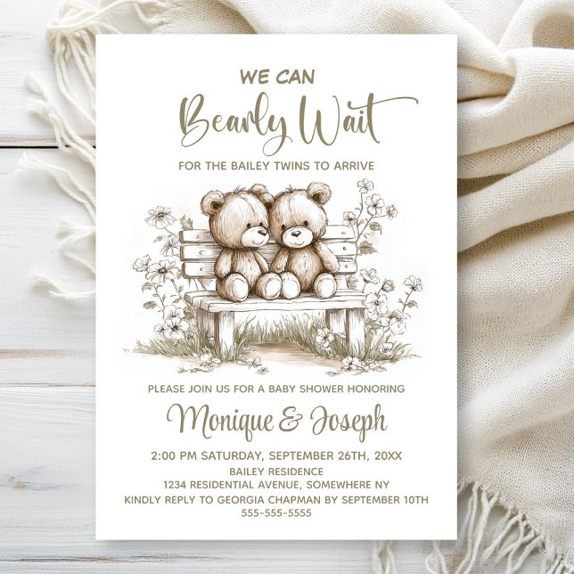 We Can Bearly Wait Teddy Bear Twins Baby Shower Invitation (Creator Uploaded)