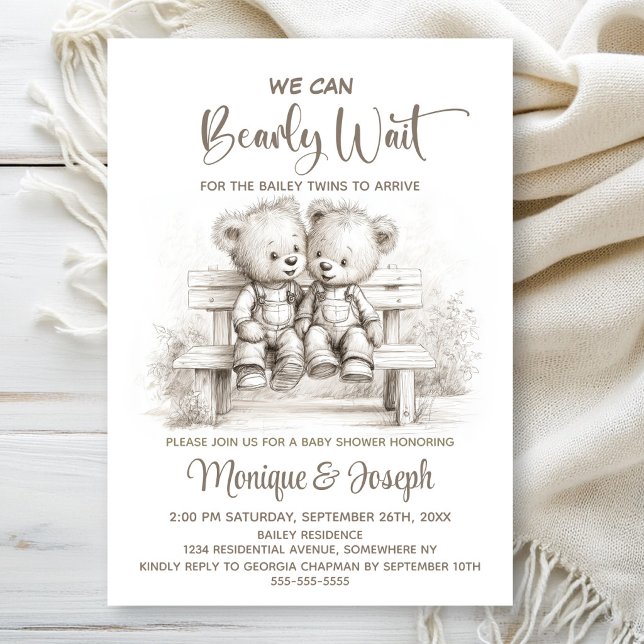 We Can Bearly Wait Teddy Bear Twins Baby Shower Invitation (Creator Uploaded)
