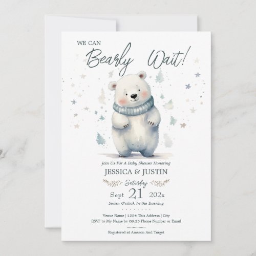 We Can Bearly Wait Teddy Bear Winter Baby Shower Invitation