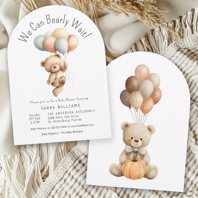 We Can Bearly Wait Teddy Bear with Balloons Invitation (Creator Uploaded)