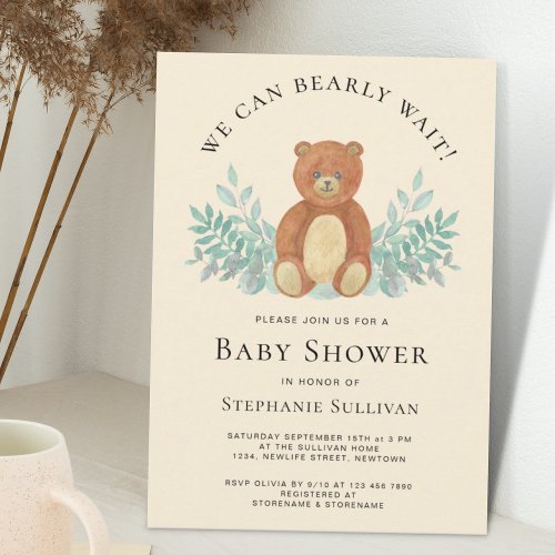 We Can Bearly Wait Teddy Eucalyptus Baby Shower Invitation