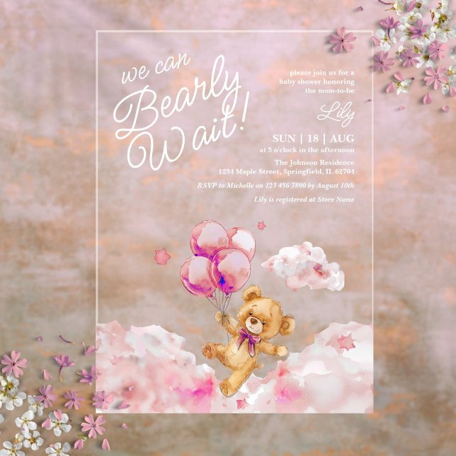 We Can Bearly Wait Teddy Pink Girl Baby Shower Acrylic Invitations (We Can Bearly Wait Teddy Pink Girl Baby Shower Acrylic Invitations)