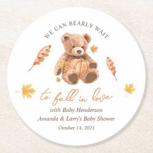 We Can Bearly Wait to Fall In Love Baby Shower Round Paper Coaster