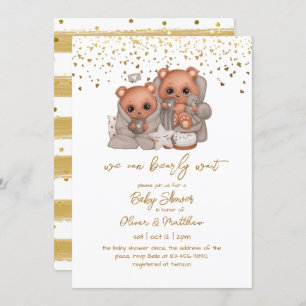 We Can Bearly Wait Twin Baby Boy Shower Simple Invitation