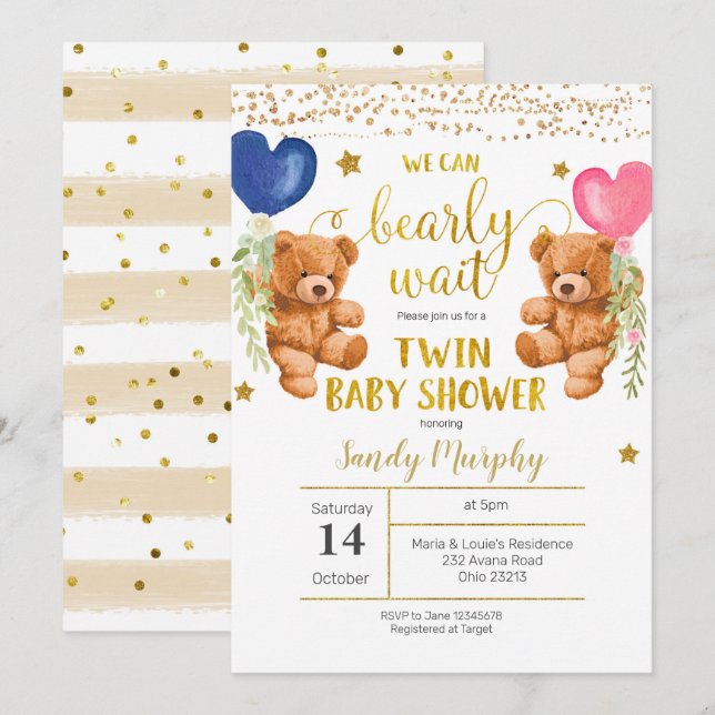 We Can Bearly Wait Twin Baby Shower Invitation (Front/Back)