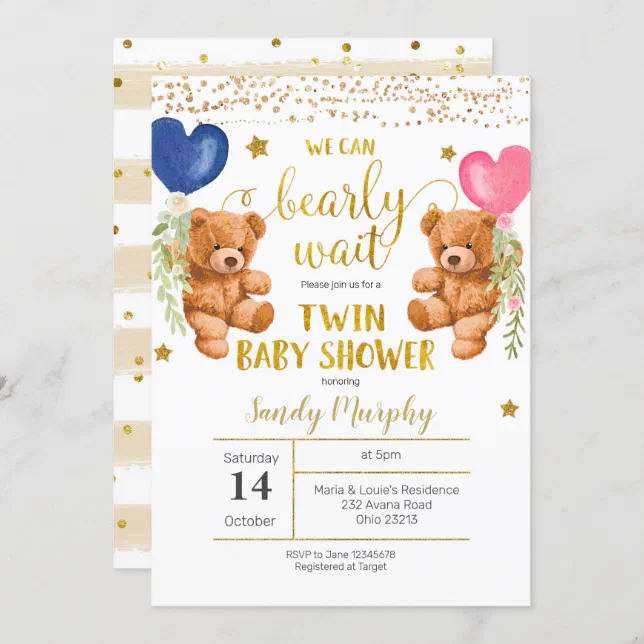 We Can Bearly Wait Twin Baby Shower Invitation | Zazzle