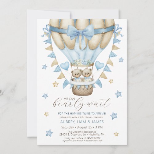 We Can Bearly Wait Twin Boy Baby Shower Invitation