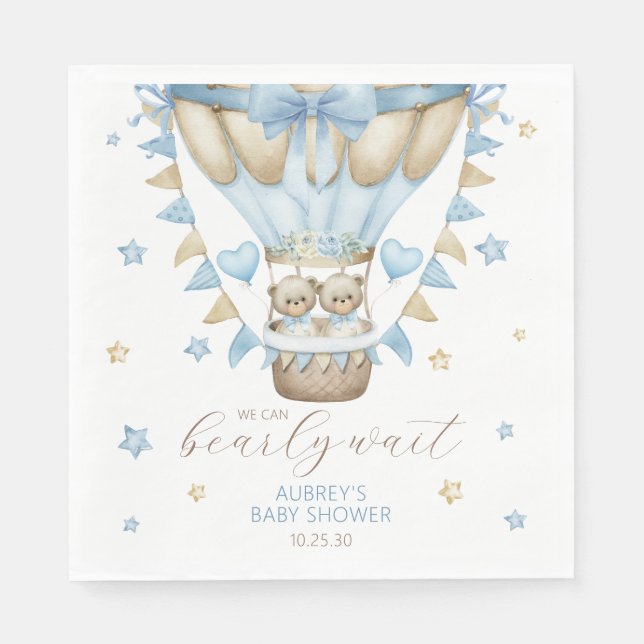 We Can Bearly Wait Twin Boy Baby Shower Napkins (Front)