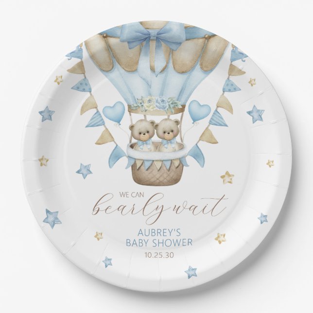 We Can Bearly Wait Twin Boy Baby Shower Paper Plates (Front)