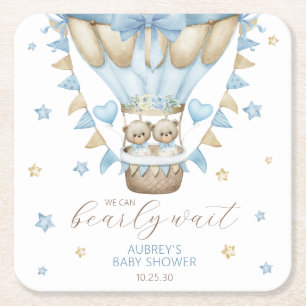 We Can Bearly Wait Twin Boy Baby Shower Square Paper Coaster
