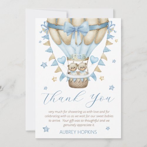 We Can Bearly Wait Twin Boy Baby Shower Thank You Card