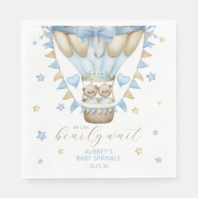 We Can Bearly Wait Twin Boy Baby Sprinkle Napkins (Front)