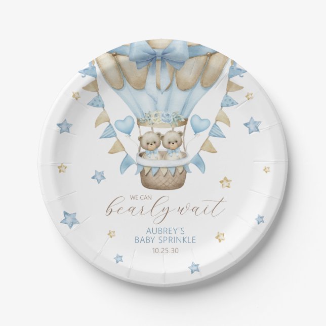 We Can Bearly Wait Twin Boy Baby Sprinkle Paper Plates (Front)
