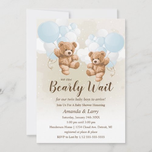 We Can Bearly Wait Twin Boys Baby Shower Invitation