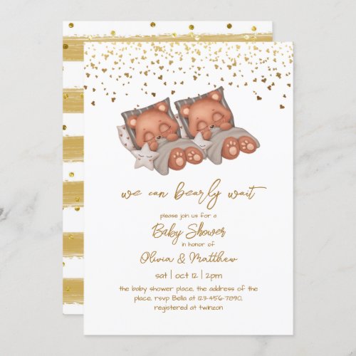 We Can Bearly Wait Twin Gender Neutral Baby Shower Invitation