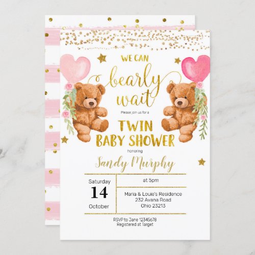 We Can Bearly Wait Twin Girl Baby Shower Invitation