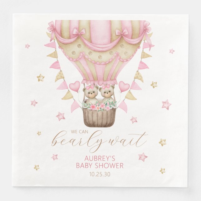 We Can Bearly Wait Twin Girl Baby Shower Paper Dinner Napkins (Front)