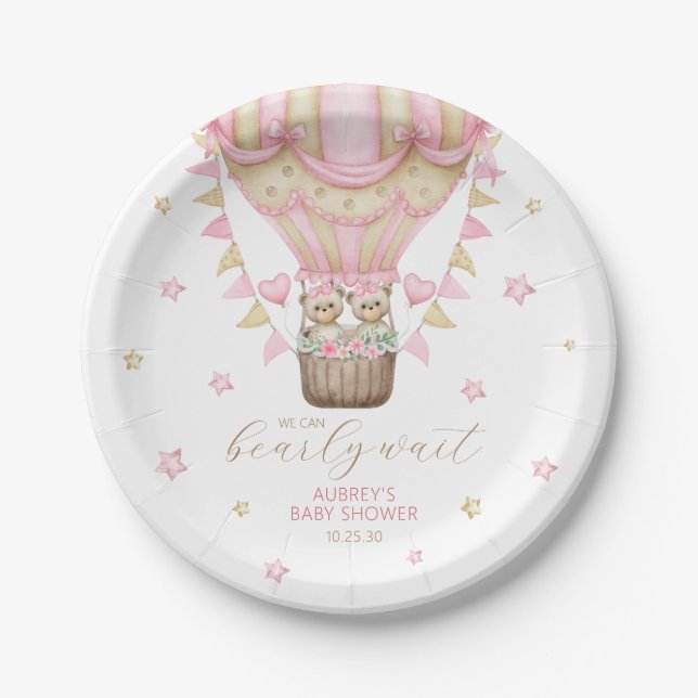 We Can Bearly Wait Twin Girl Baby Shower Paper Plates (Front)