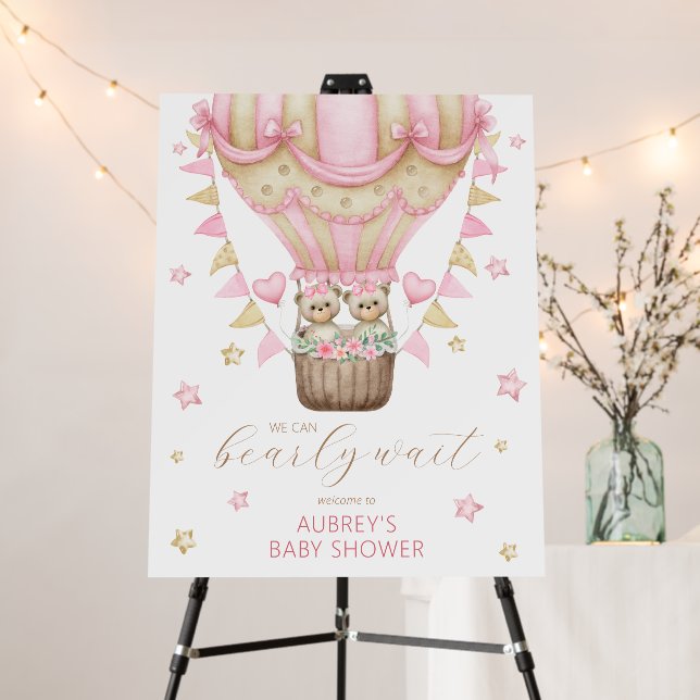 We Can Bearly Wait Twin Girl Baby Shower Sign (In Situ (Stand))