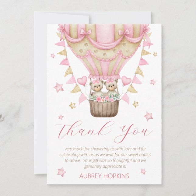 We Can Bearly Wait Twin Girl Baby Shower Thank You Card (Front)