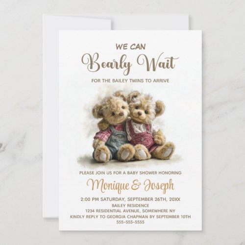 We Can Bearly Wait Twin Teddy Bears Baby Shower Invitation