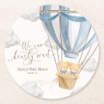 We Can Bearly Wait Twins Baby Shower Round Paper Coaster<br><div class="desc">These coasters feature a soft hot air balloon teddy bear design and modern fonts. The script heading is an image that cannot be edited. All of the other text is fully editable. For more advanced customization of this design,  simply select the "Customize It" button above.</div>