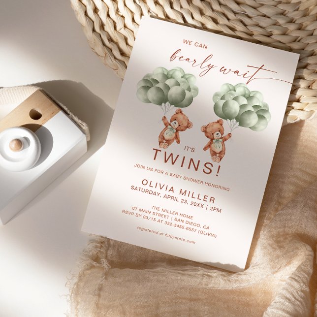 We Can Bearly Wait Twins Sage Green Baby Shower Invitation (Creator Uploaded)