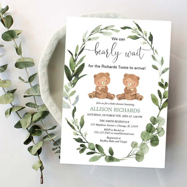 We can bearly wait twins teddy bear baby shower invitation | Zazzle