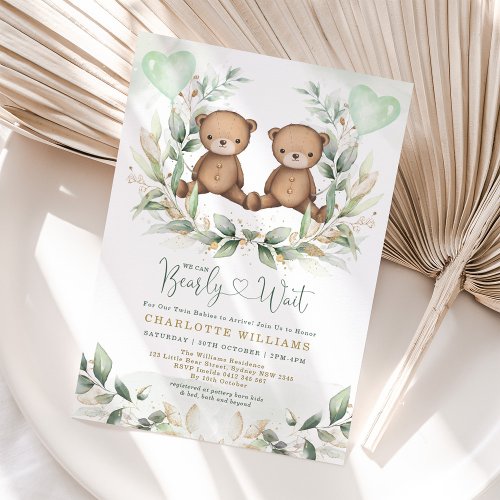 We Can Bearly Wait Twins Teddy Bear Baby Shower Invitation