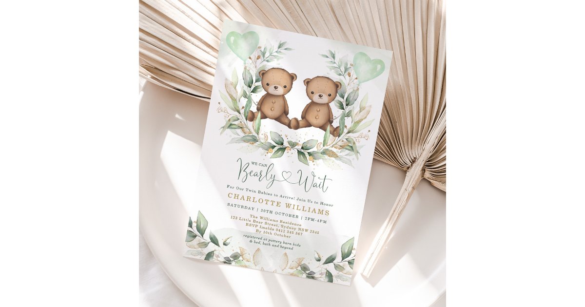 We Can Bearly Wait Twins Teddy Bear Baby Shower Invitation | Zazzle