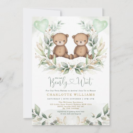 We Can Bearly Wait Twins Teddy Bear Baby Shower Invitation | Zazzle