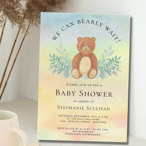 We Can Bearly Wait Watercolor Baby Shower Invitation