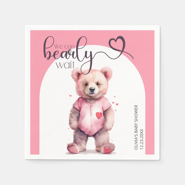 We can bearly wait watercolor bear Baby Shower Napkins (Front)