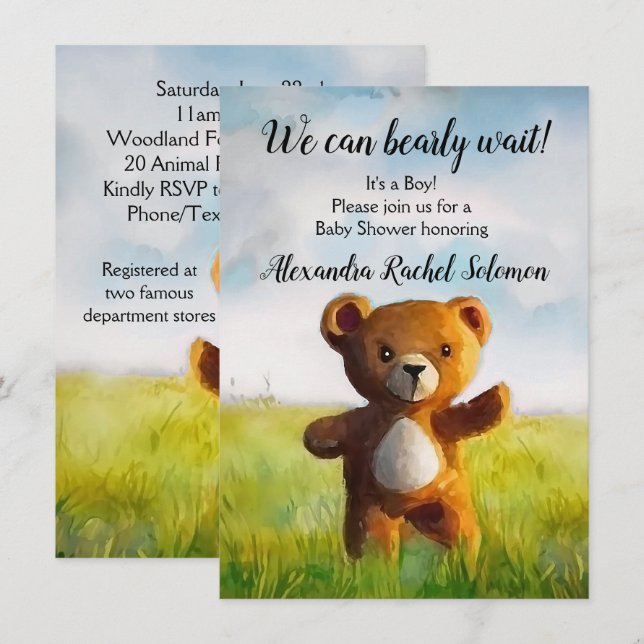 We Can Bearly Wait Watercolor Boy Baby Shower Invitation (Front/Back)