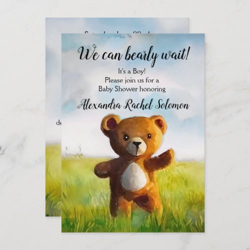 We Can Bearly Wait Watercolor Boy Baby Shower Invitation