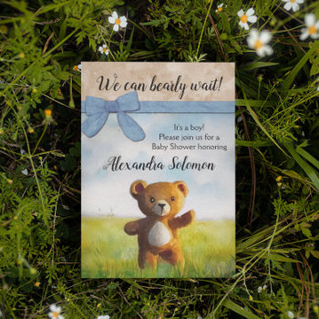 We Can Bearly Wait Watercolor Boy Baby Shower Invitation by CustomInvites at Zazzle