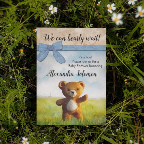 We Can Bearly Wait Watercolor Boy Baby Shower Invitation