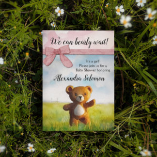 We Can Bearly Wait Watercolor Girl Baby Shower Invitation