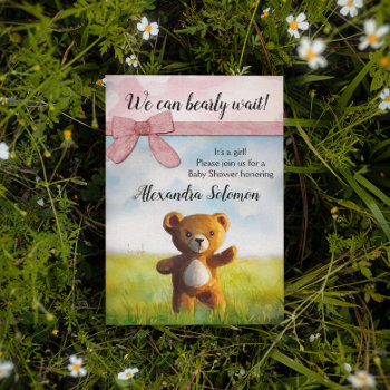 We Can Bearly Wait Watercolor Girl Baby Shower Invitation by CustomInvites at Zazzle