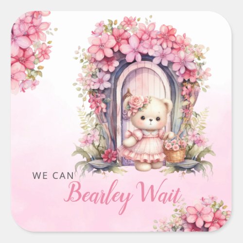 We can bearly wait watercolor pink baby shower  sq square sticker
