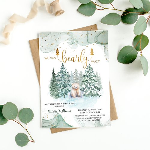 We can bearly wait watercolor winter Baby Shower  Invitation